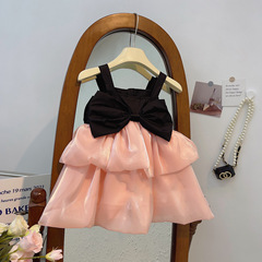 2024夏季新款女童可愛搭色 大蝴蝶結公主寶寶兒童吊帶裙