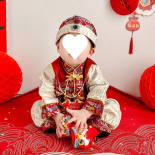 One-Year-Old Baby's New Spring & Fall Dress Chinese Style Festive Birthday 100-Day Boy's Birthday Party Kidsren's Tang Suit Baby Crown