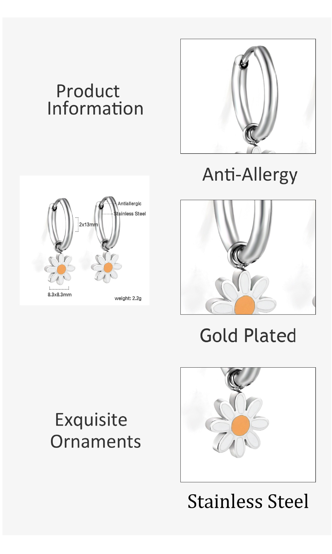 Women's Gender 1 Pair Simple Style Classic Style Daisy Plating 304 Stainless Steel Drop Earrings Ear Studs