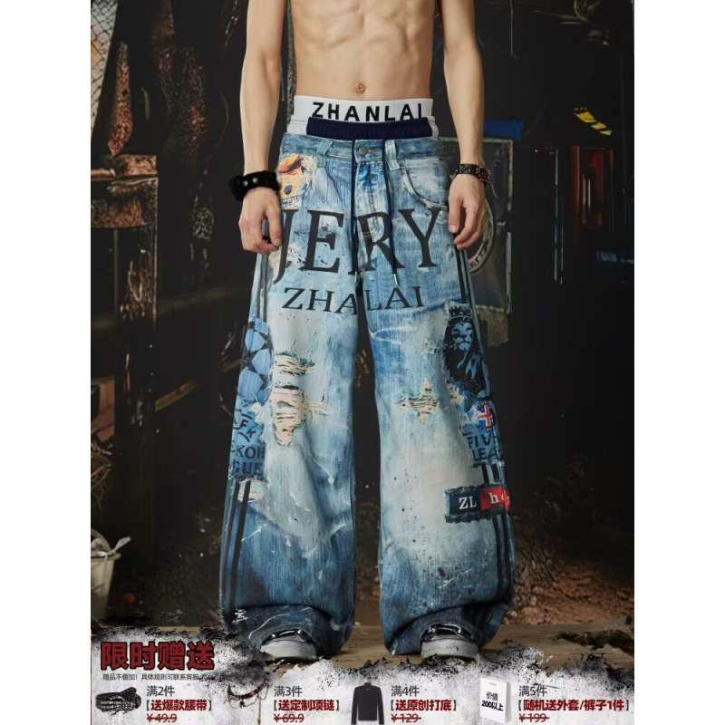 Amazon foreign trade American style unisex straight loose trendy wide-leg pants high street full-print 3D printed graffiti jeans