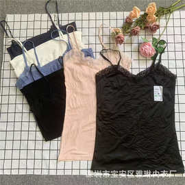 外单整款背心法式蕾丝+棉吊带v领弹力内搭打底尾货camisole