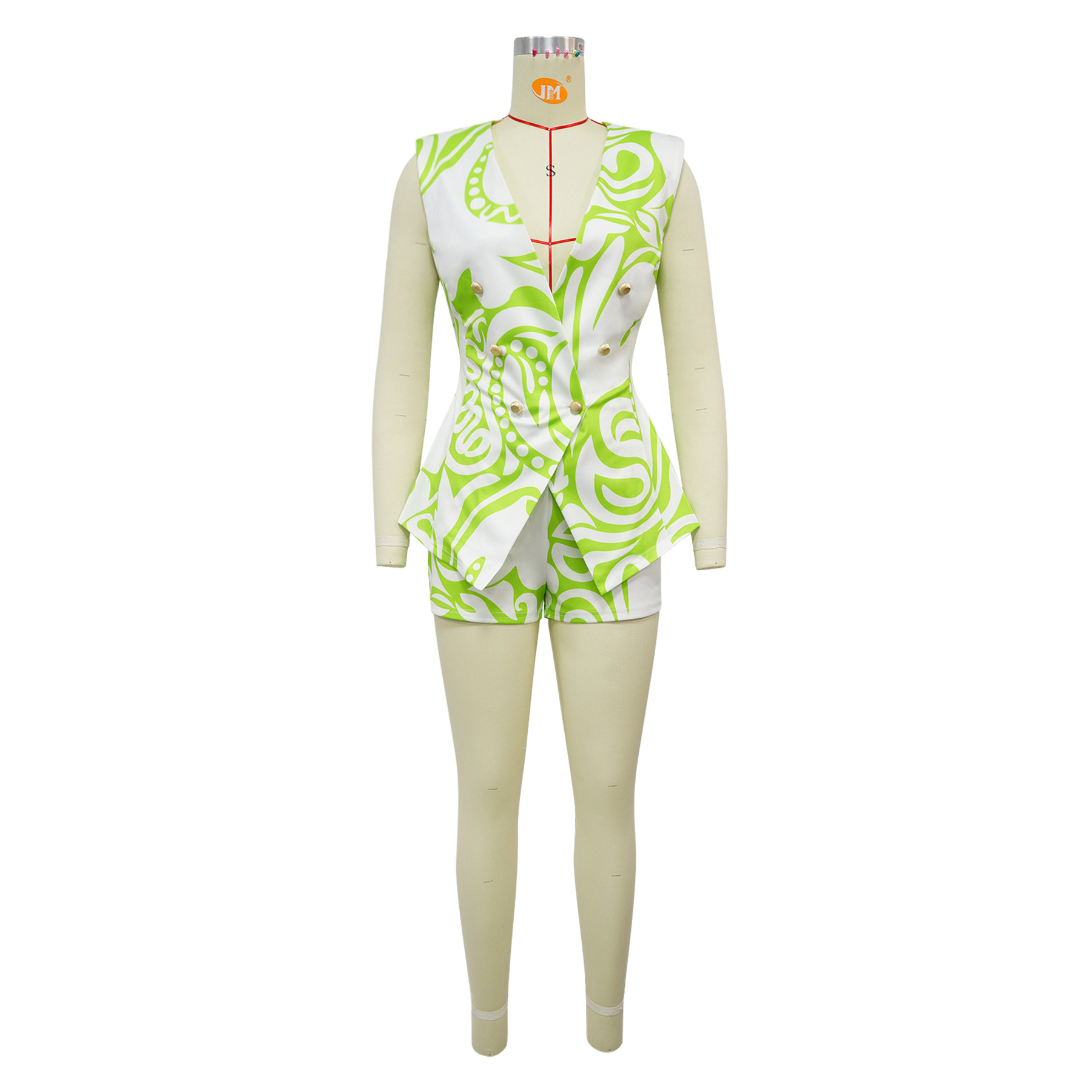 Ensemble blazer sans manches et short imprimé géométrique femme_voghion.com