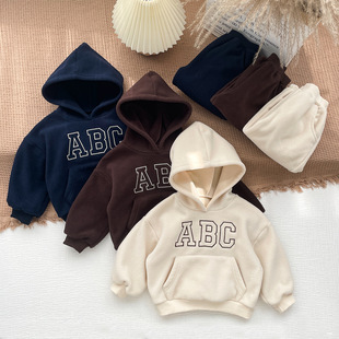 Korean children's autumn and winter pants children's clothing boys and girls new letter fleece-lined sweater two-piece outfit children's pullover