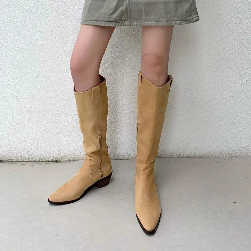 Brown denim retro high boots pointed-toe English style