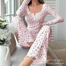 2026年春季新款印花女士家居服跨境亚马逊欧美睡衣V领休闲时尚弹