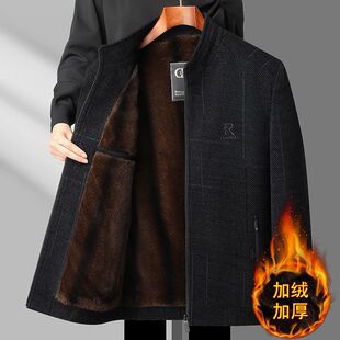 Winter Men's fleece-lined Thickened Chenille Woolen Jacket for Middle-aged and Elderly Dads Men's Casual Warm Jacket with Vertical Collar