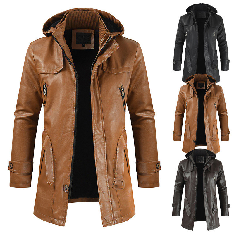 New 2025 Autumn Cross-Border Men's Leather Jacket Casual Fashion Mid-Length Pu Leather Jacket Hooded Slim Export Jacket