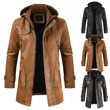 The new Autumn 2022 cross-border men's leather casual fashion in the long PU leather jacket hood slim foreign trade coat - ShopShipShake
