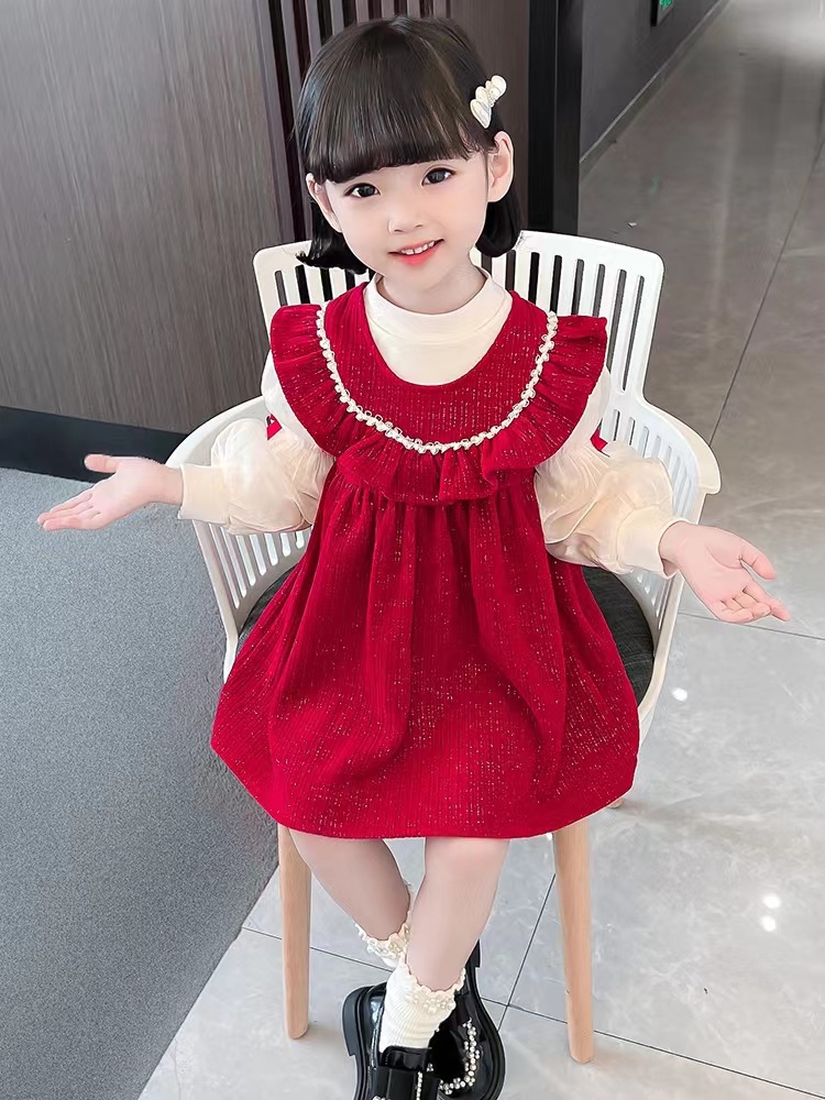 女童连衣裙秋冬新款女孩两件套红色裙子小香风礼服背心气质公主裙