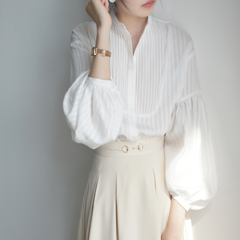 JOJOZ French Retro Dark Vertical Strip Pit Pleated Small Collar Loose Fashionable Artistic Lantern Sleeve Cotton Shirt