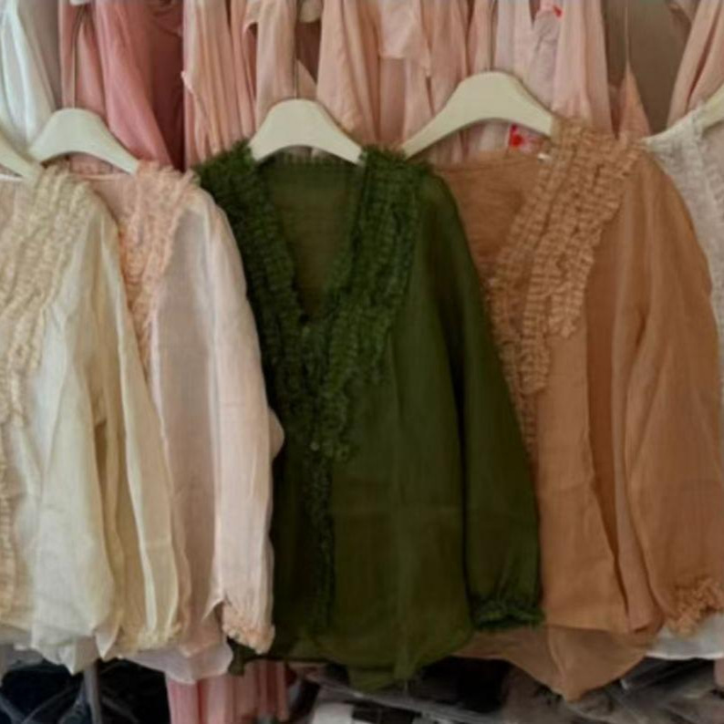2026 Summer Pure Ramie Lace Trim Shirt for Women V-Neck Lantern Seven-Quarter Sleeve Gentle Sun Protection Solid Color Top 2026 Summer Pure Ramie Lace Trim Shirt for Women V-Neck Lantern Seven-Quarter Sleeve Gentle Sun Protection Solid Color Top