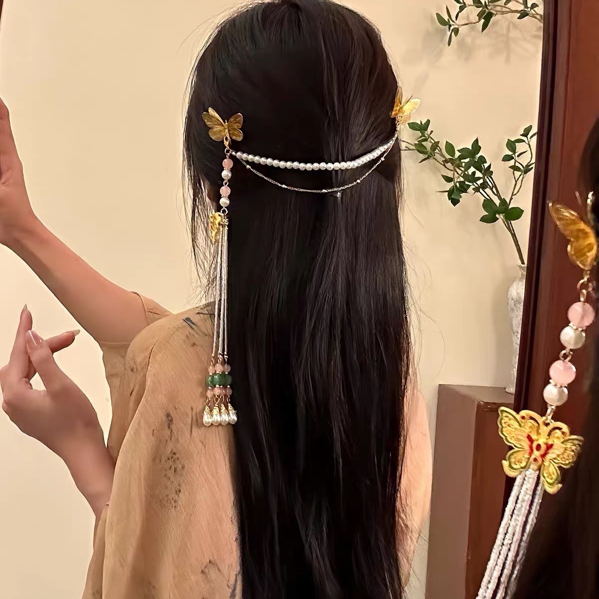 "Golden Butterfly Orchid" New Chinese Style Handmade Golden Butterfly Tassel Hair Chain for Women, Half-Up Hair Clip, Hair Hoop, Vintage Hairpin
