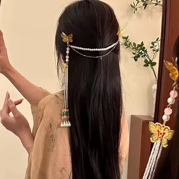 "Golden Butterfly Orchid" New Chinese Style Handmade Golden Butterfly Tassel Hair Chain for Women, Half-Up Hair Clip, Hair Hoop, Vintage Hairpin