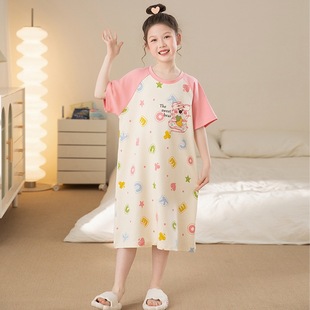 Children's Home Pajamas, Girls' Nightgowns, New Summer Pure Cotton Thin Short-Sleeved Little Girls and Older Kidsren's Fashionable Home Clothes