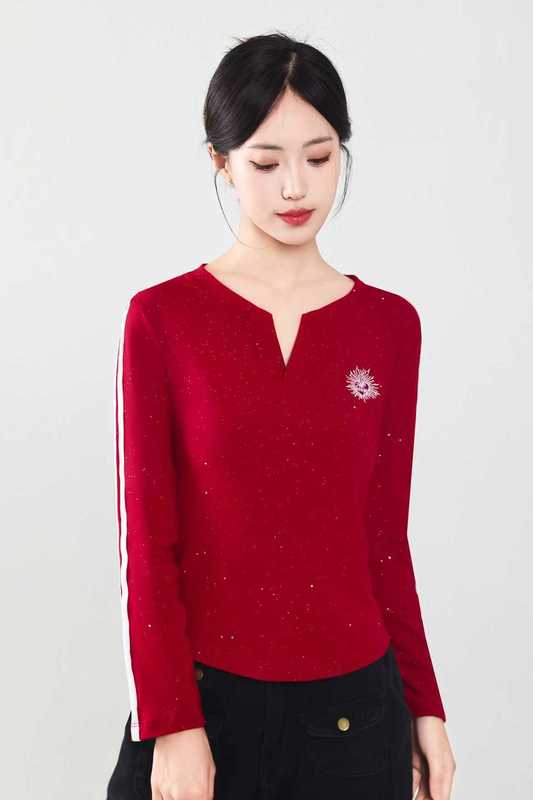 简约T恤女V领显瘦上衣女气质网红打底衫8079太阳花亮片双杠长袖|undefined