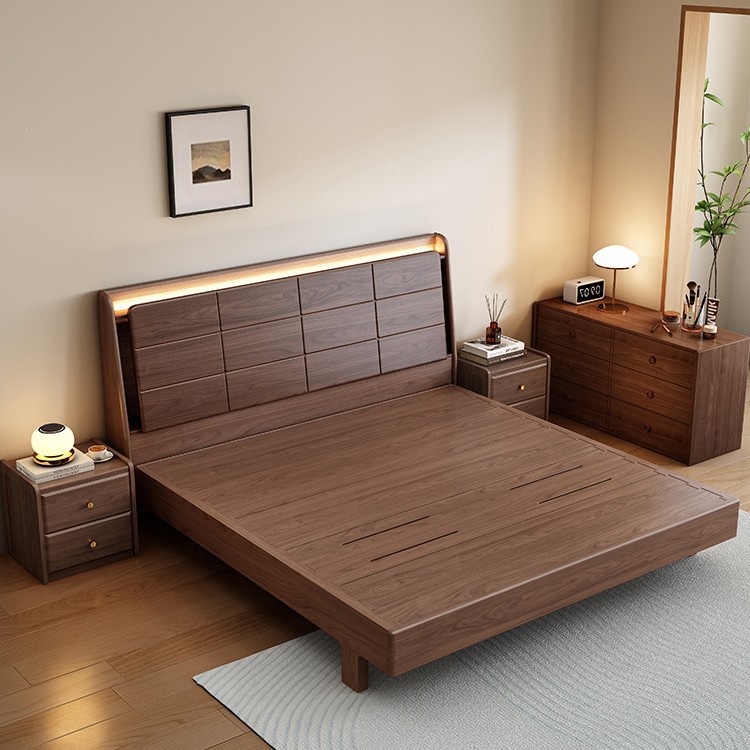 Solid Wood Bed with Bedside Storage and Lights, Modern Minimalist Bedroom 1.8m Suspended Tatami Row Frame Double Bed