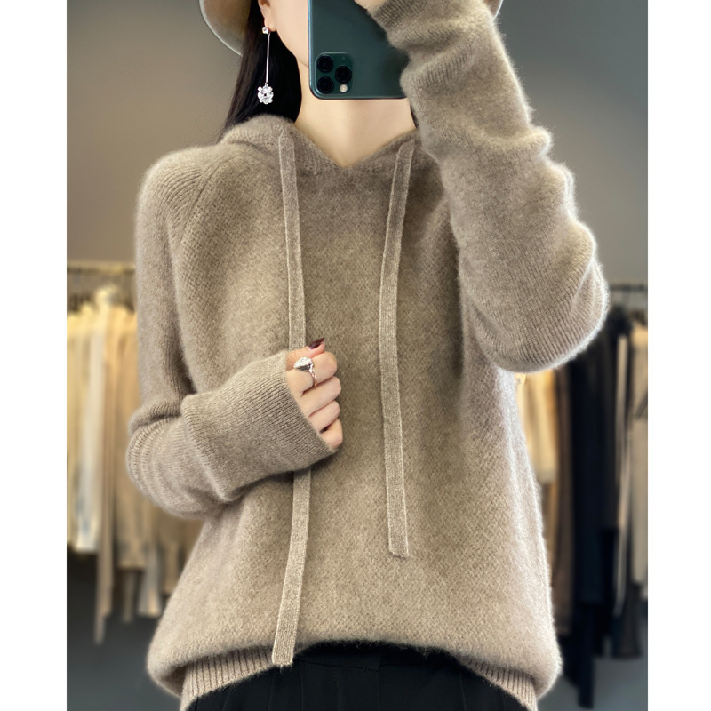 New 2024 Autumn Style Elegant Fine Wool Pullover Hooded Sweater Women's Honeycomb Wool Hoodie Hair Jacket