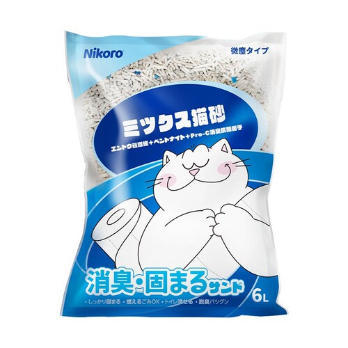 Japan's Nicolu mixed tofu and bentonite cat litter quickly clumps, deodorizes, and is nearly dust-free and can be flushed into the toilet.