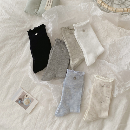 Korean style summer thin socks for women with heart-shaped pendant ruffles mesh lace open tube socks simple solid color pile socks 
