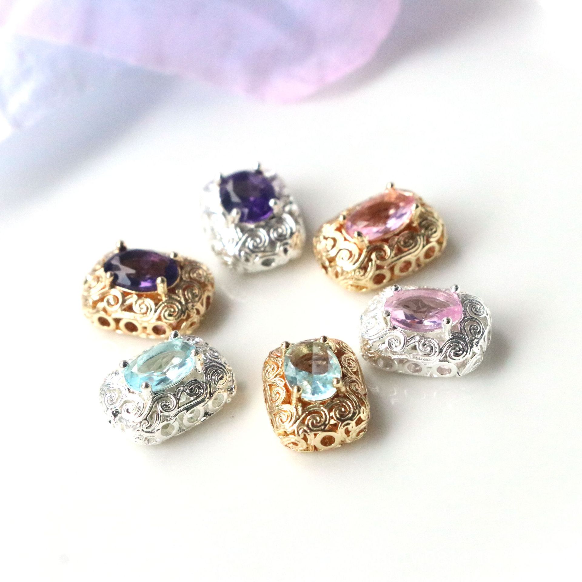 强保色电镀金银色圆形 长方形镂空镶锆石diy串珠项链手链隔珠材料