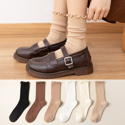 White Mulberry Border Socks for Girls, Summer Thin Mid-Calf Versatile Small Leather Shoes with Floral Edge, Spring and Autumn Pile-Up Loose Mouth Postpartum Socks