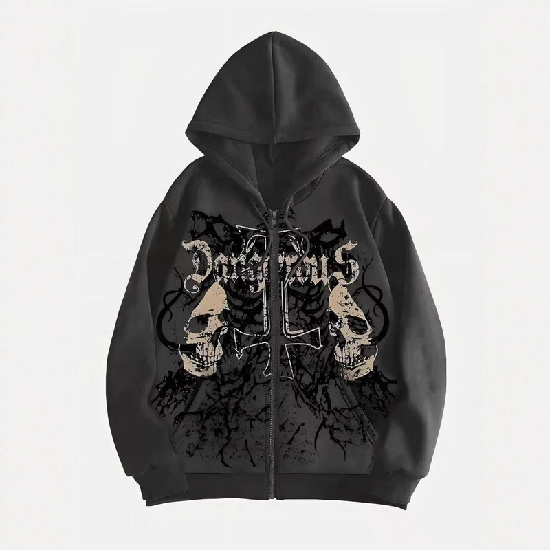2025 New American Cross-Border Casual Fashion Trend Loose Hooded Retro Skull Autumn and Winter Zipper Sweatshirt