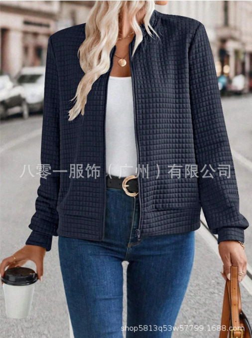 现货批发亚马逊热销新款欧美女装长袖拉链纯色拼接开衫纯色外套女|undefined