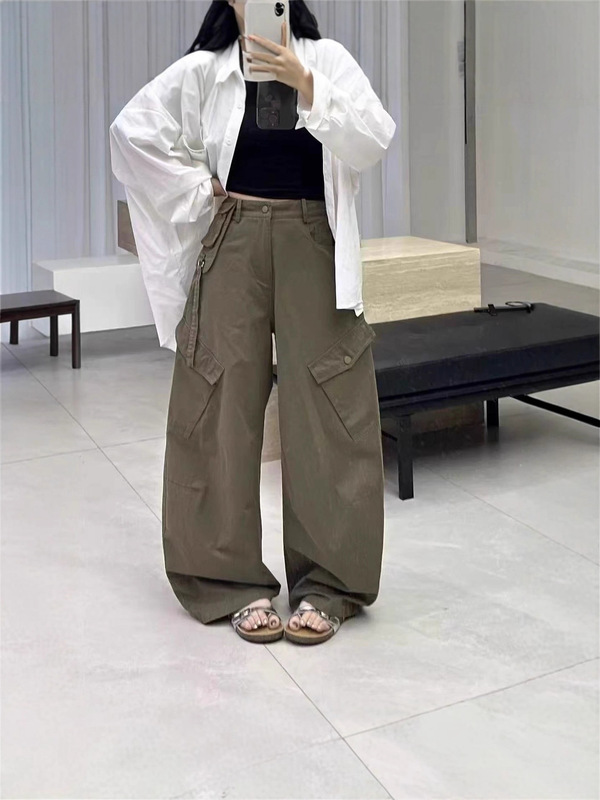美式复古工装休闲裤女2025早秋新款韩系高腰宽松显瘦直筒弯刀裤子|undefined