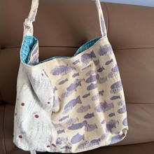 文艺气质香芋紫雪松小鱼印花拼接帆布包休闲百搭单肩包斜挎包女