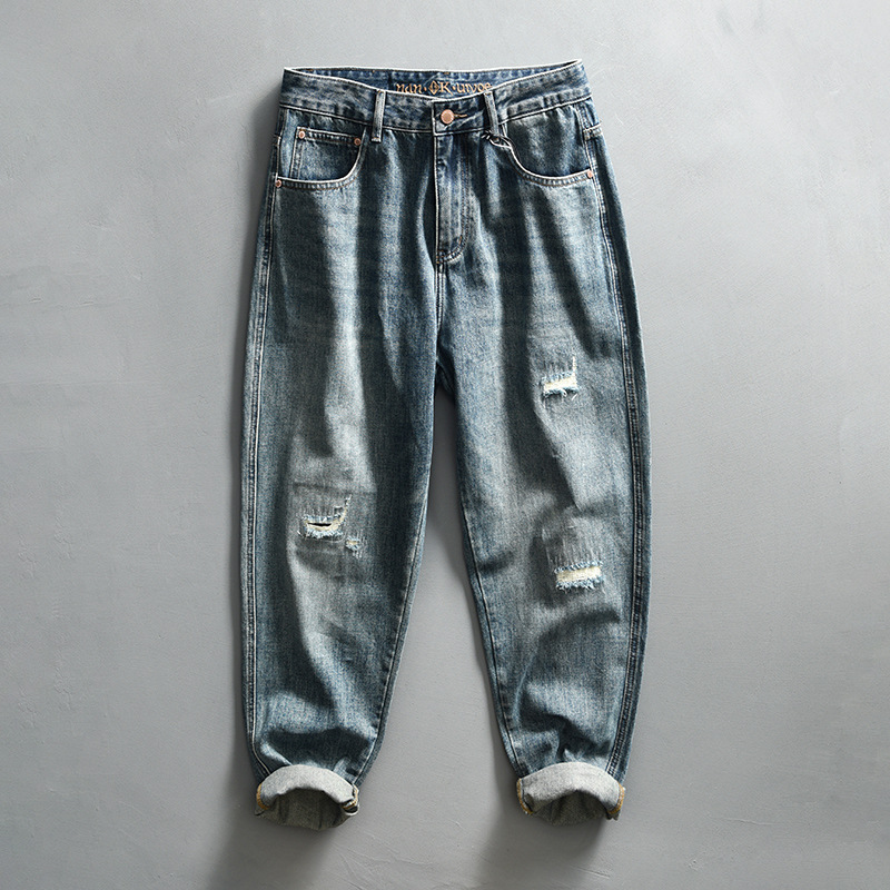 Pantaloni casual da uomo in denim lavato retrò G7195, un pezzo unico per la sostituzione dei capelli_voghion.com