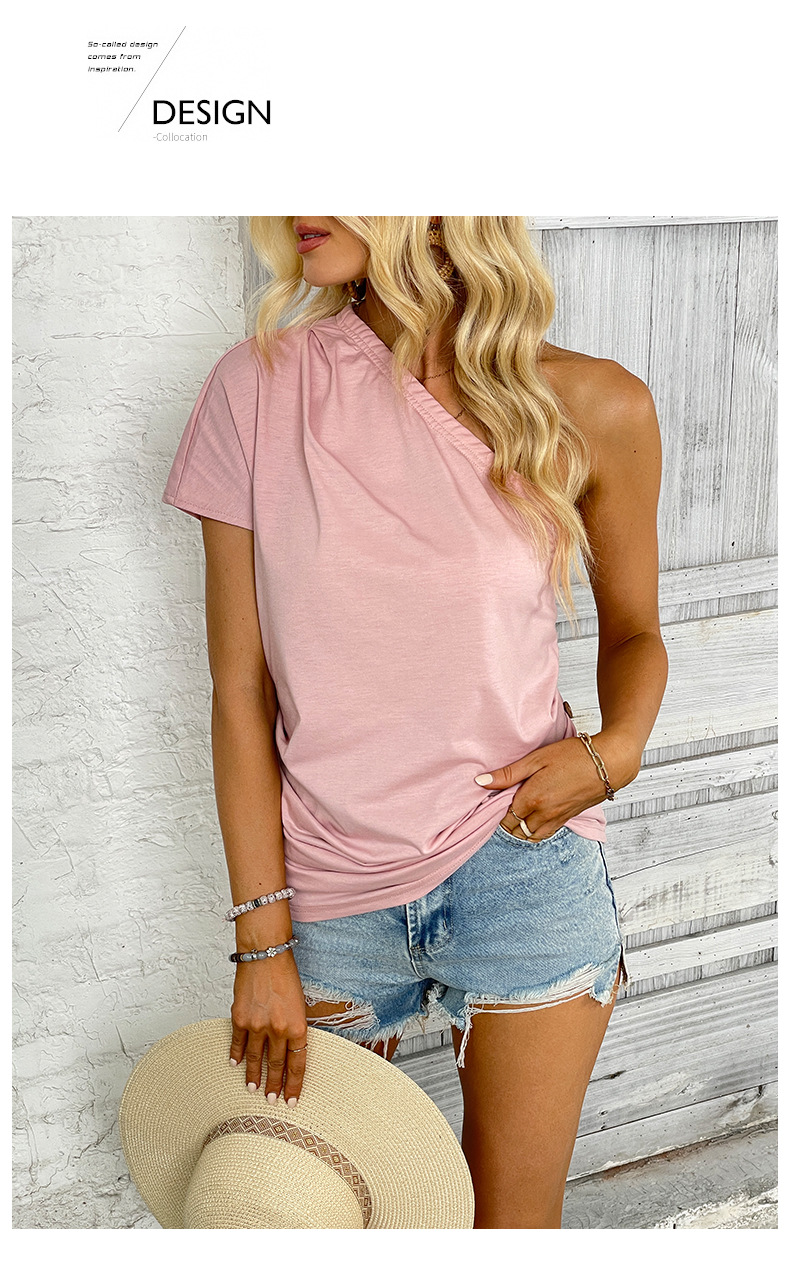 Pink Off-shoulder One-shoulder Casual T-Shirts_voghion.com