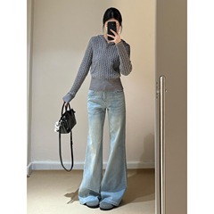 灰色连帽麻花毛衣女2025新款早春秋季休闲感慵懒风修身针织衫上衣