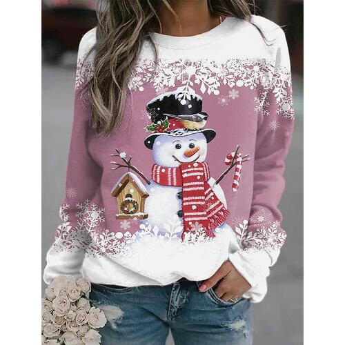 New Women's Christmas  Snowman Print Wish Crew Neck Long Sleeve Casual Loose T-Shirt Top