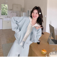 浅蓝色洋气蕾丝拼接运动套装女2025秋韩系宽松减龄卫衣阔腿两件套