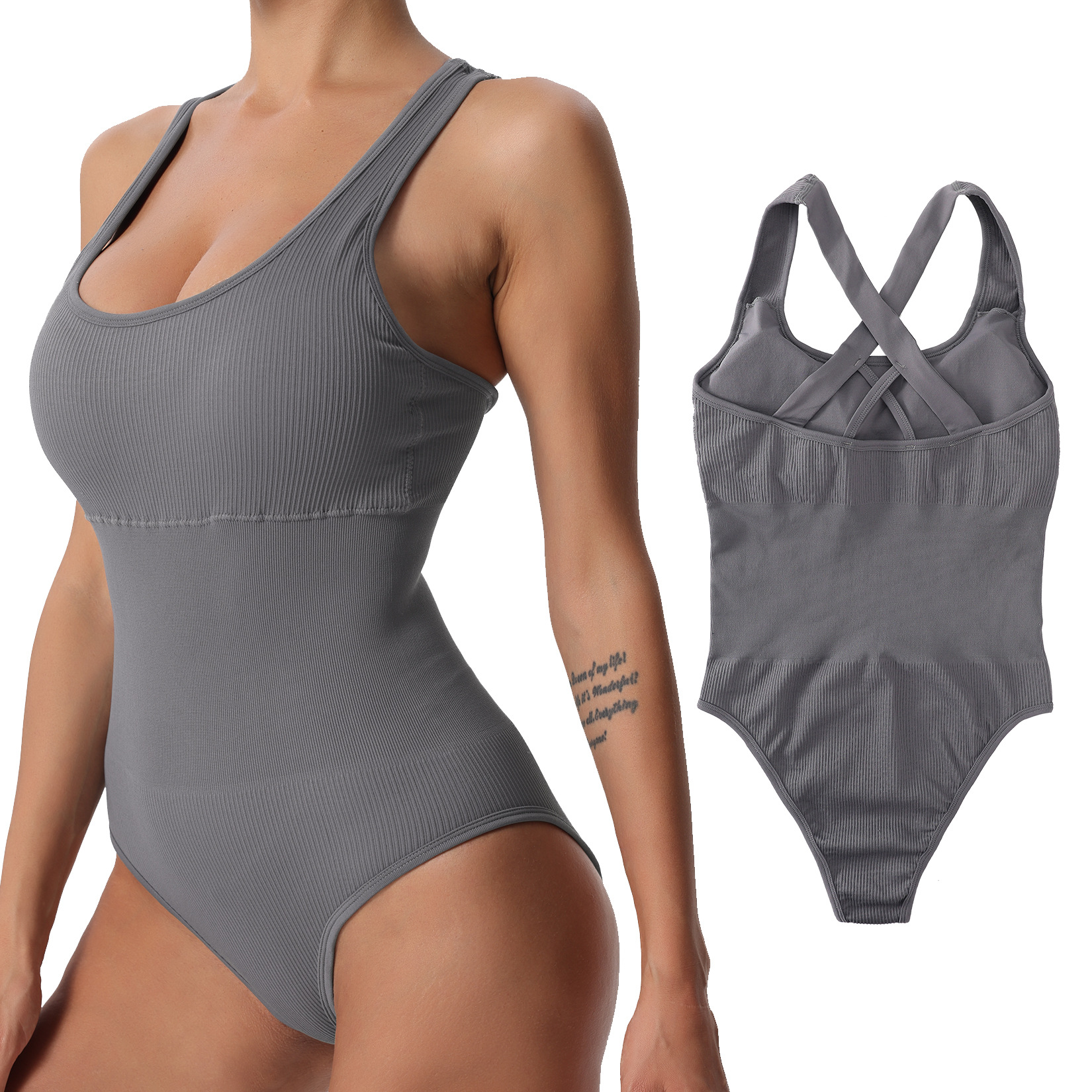 Sin costuras de punto de una sola pieza de las mujeres sexy medias acanaladas sin mangas Chaleco de cuello cuadrado con almohadilla de pecho ropa de entrenamiento de yoga