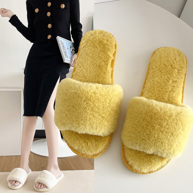 Cotton Slippers, Furry Slippers for Women, Indoor Home Use, Autumn and Winter, Short Plush, Flat Bottom, Non-Slip, Large Size, Rubber Sole