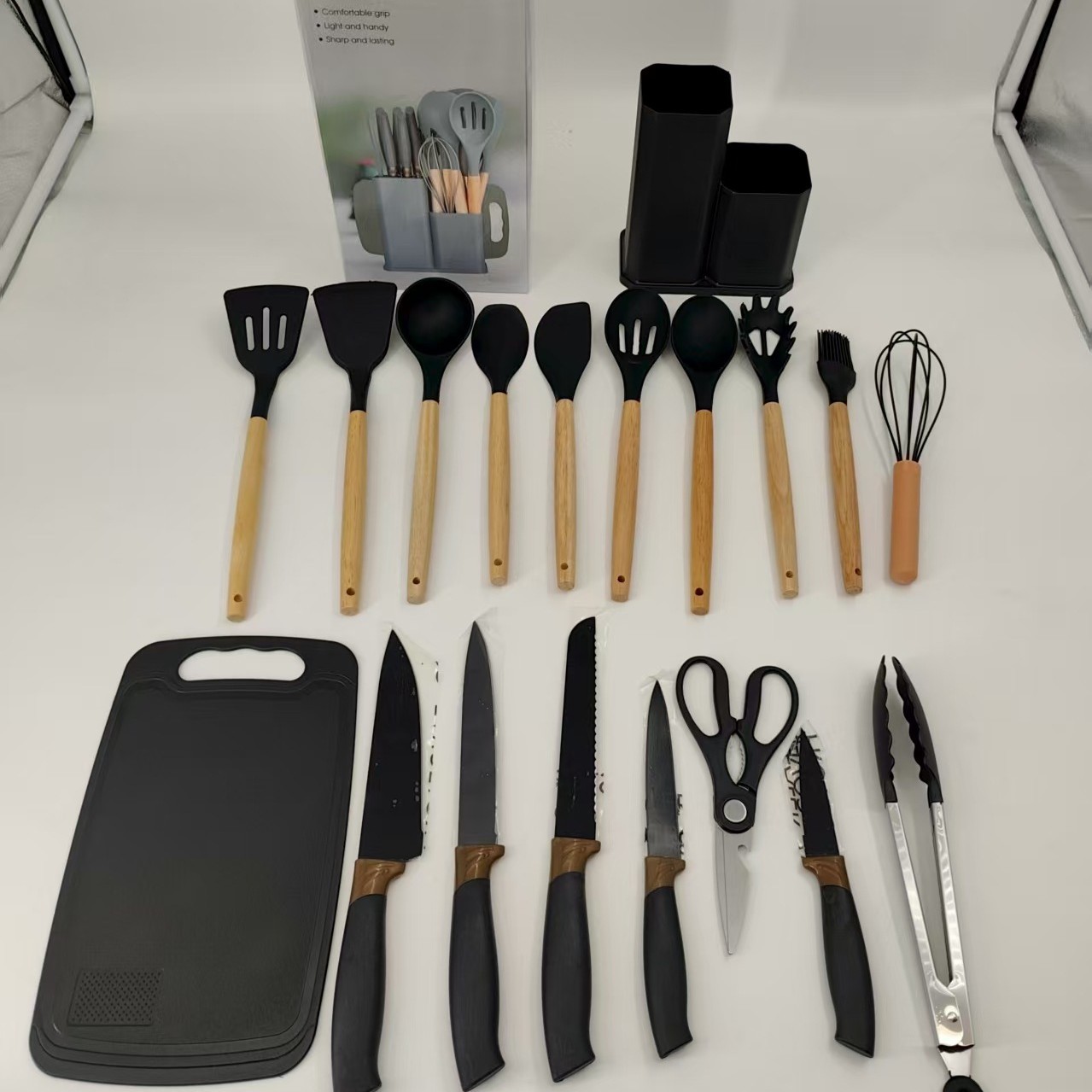 Utensilios de cocina de silicona transfronterizos, juego de 19 piezas, cubo de almacenamiento de herramientas de cocina, juego de cuchillos de cocina