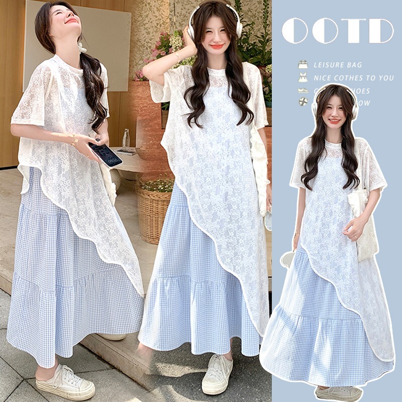 Maternity Summer Clothing, Summer Plaid Dress, Loose Short-Sleeved Blouse, Two-Piece Set, Large Size Nursing Dress Set Maternity Summer Clothing, Summer Plaid Dress, Loose Short-Sleeved Blouse, Two-Piece Set, Large Size Nursing Dress Set