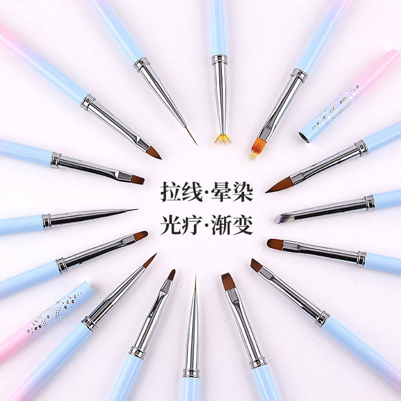 Juego de bolígrafos de uñas de punto transfronterizo, juego completo de 15 hilos de tracción, brocha de fototerapia de cristal tallado, cepillo de herramientas para uñas