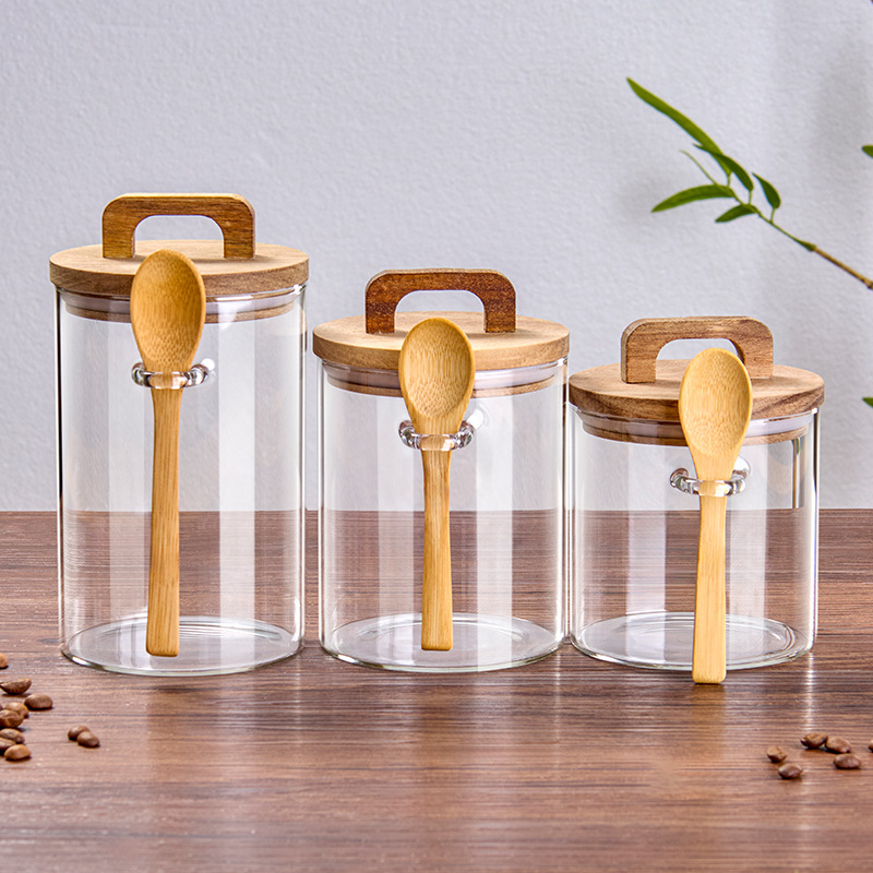 Granos de café con cucharas, frasco de vidrio sellado, tanque de almacenamiento de café en polvo, lata de té, caja de almacenamiento de granos