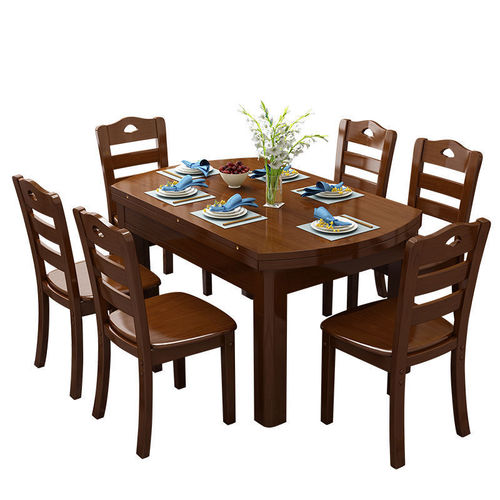 Chinese solid wood dining table platform retractable and foldable rubber wood dining table restaurant furniture one table six chairs factory direct sale