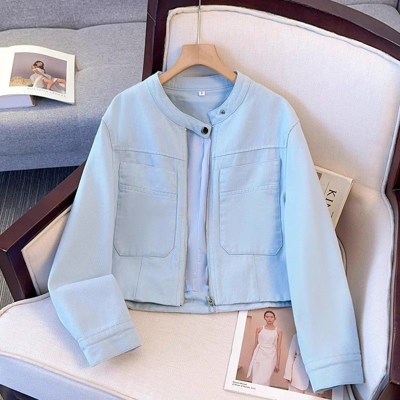 New Blue Round-Neck Zip-Up Denim Jacket for Women, Short Style, New Spring/Autumn Season Jacket