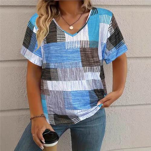 Women's V-neck Short-sleeve T-shirt with European and American 2025 Fashion Casual Matching Square Pattern Print