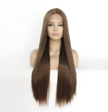 Peruca de comercio exterior marrón europeo y americano cabello largo recto frente de encaje fibra química peluca LW0208