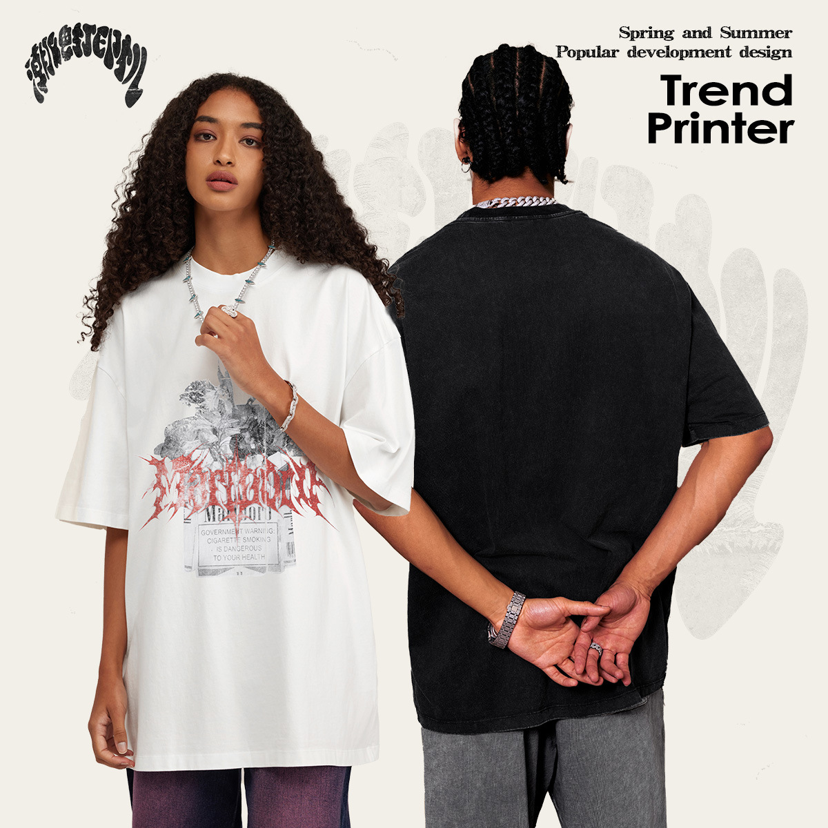Impresora de marcas| 2025 verano americano marca de moda retro inyección directa Marlboro concha de humo de algodón pesado camiseta para hombres y mujeres