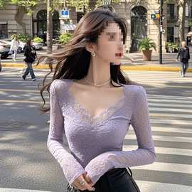新款蕾丝拼接长袖短款上衣女装2025修身显瘦感性感内搭打底衫热销