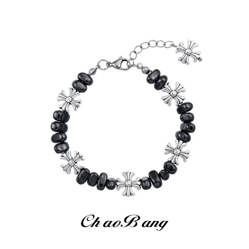 Broken Silver Cross Flower Spliced Titanium Steel Bracelet Men's High-End Versatile Hand Jewelry Women's Niche Design Ins Jewelry