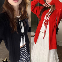 软糯桑蚕丝羊毛混纺镂空绑带针织开衫女春圆领中长款针织衫