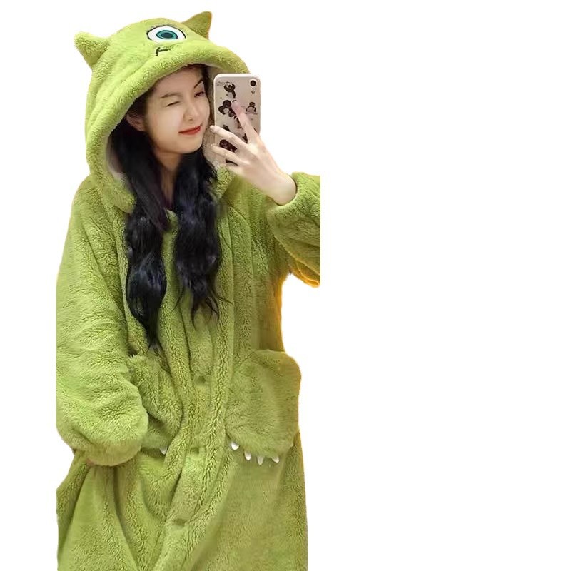 귀여운 큰 눈의 산호 양털 나이트 가운 여성의 가을과 겨울 긴 기모 두꺼운 따뜻한 후드 아우터 파자마 홈 의류