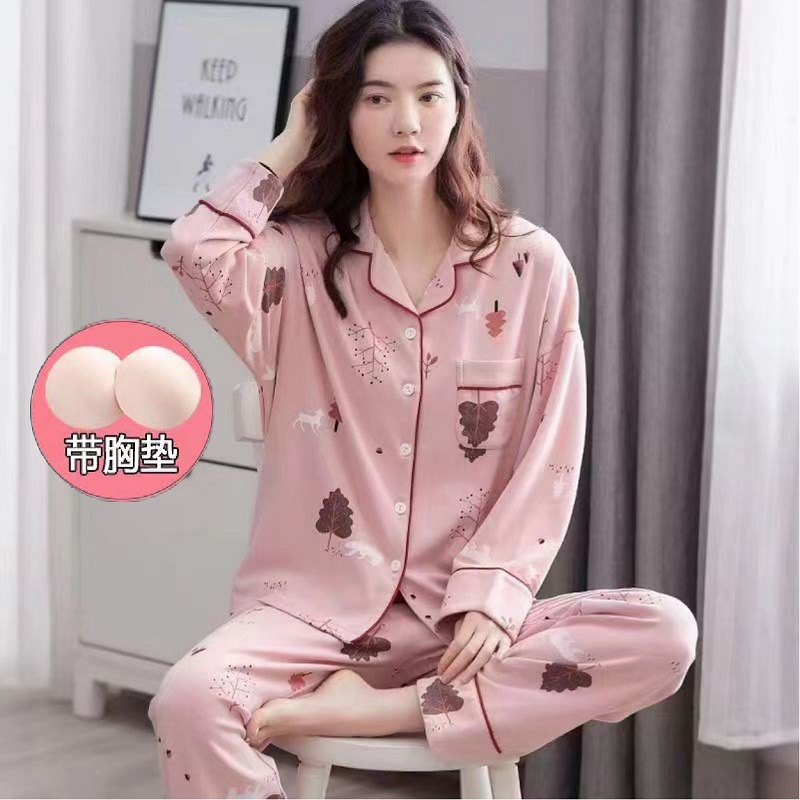 Pijamas de algodón 100% para mujer con almohadilla en el pecho, ropa para el hogar de primavera y otoño, 2023 nuevos pantalones de manga larga, conjunto de dos piezas para mamá